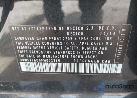 2015 Volkswagen Golf Gti 2.0T Se 4-Door из США, поврежденный, VIN 3VW5T7AU9FM002386